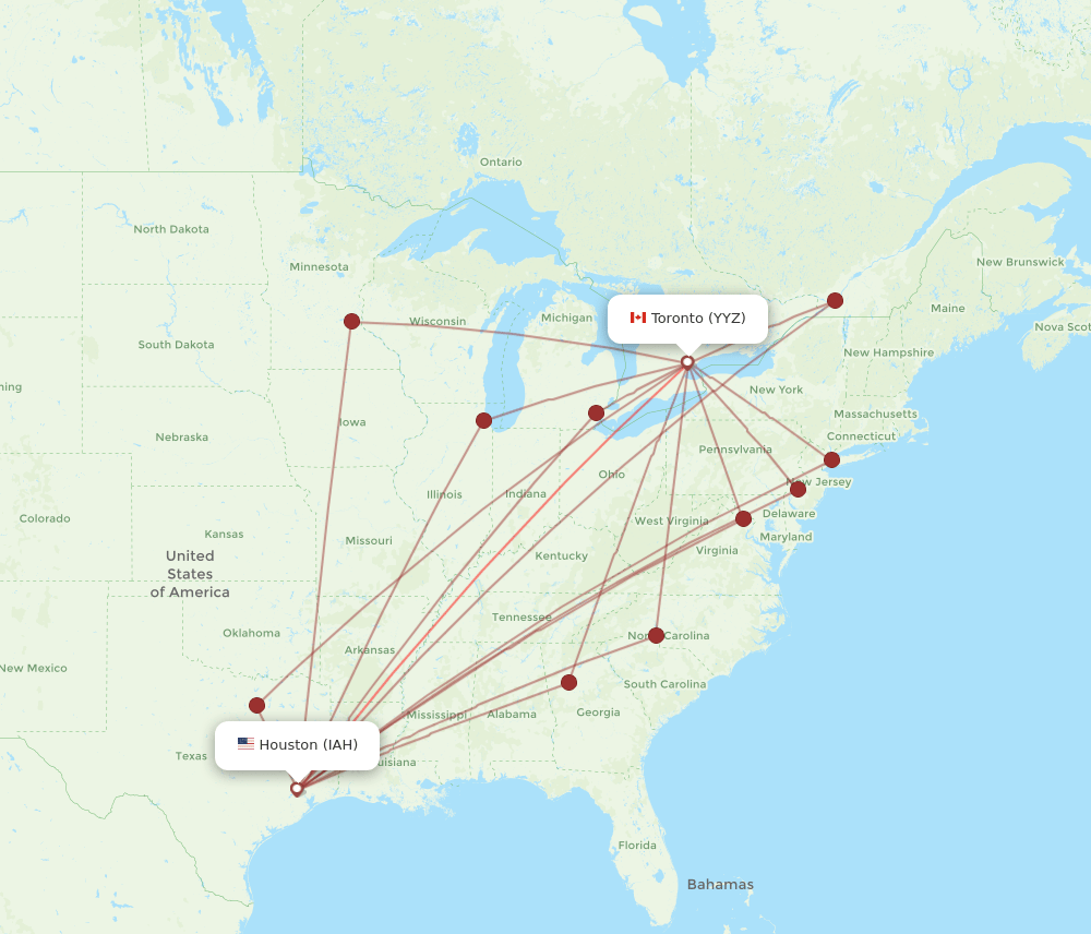 YYZ to IAH flights and routes map