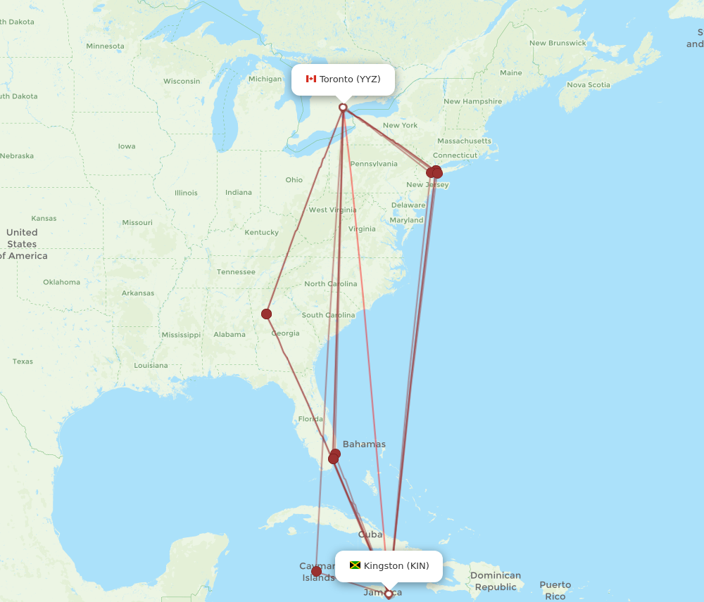 YYZ to KIN flights and routes map