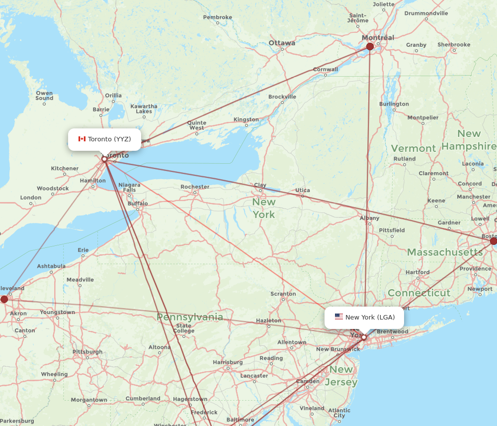 Toronto - New York route map and flight paths