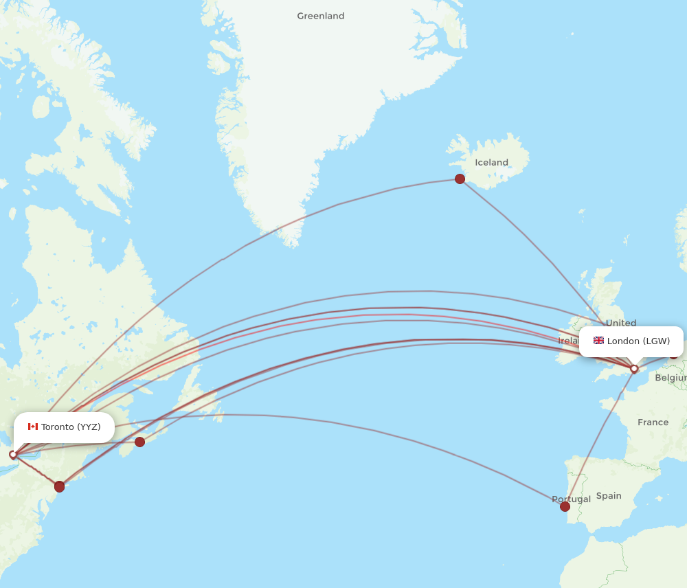 YYZ to LGW flights and routes map