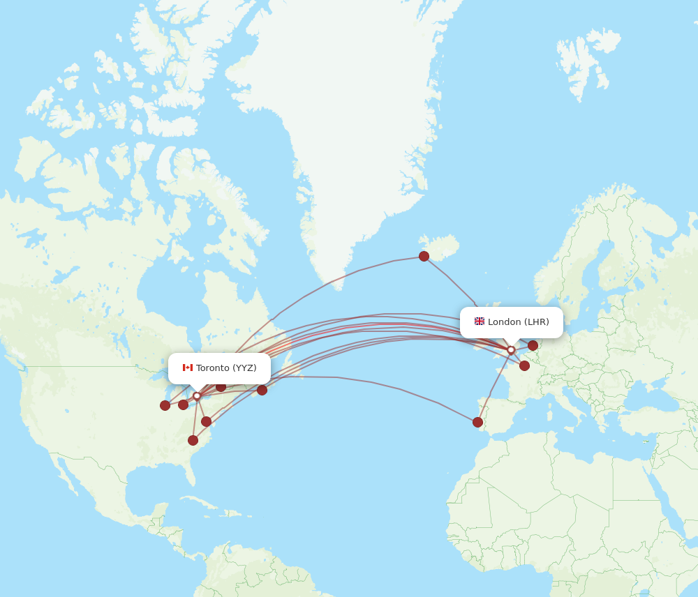 YYZ to LHR flights and routes map