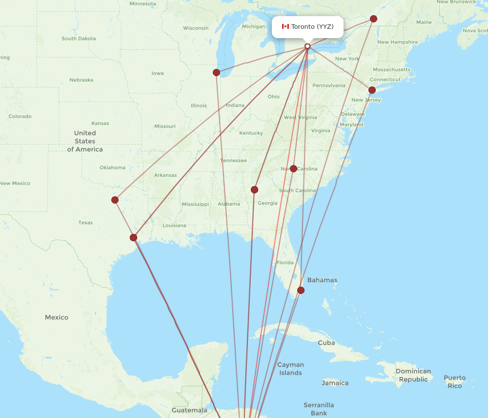 YYZ to LIR flights and routes map