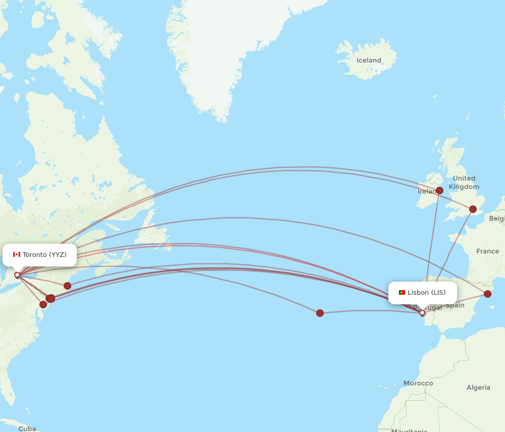 YYZ to LIS flights and routes map