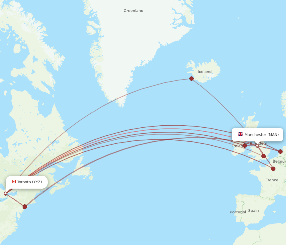 YYZ to MAN flights and routes map