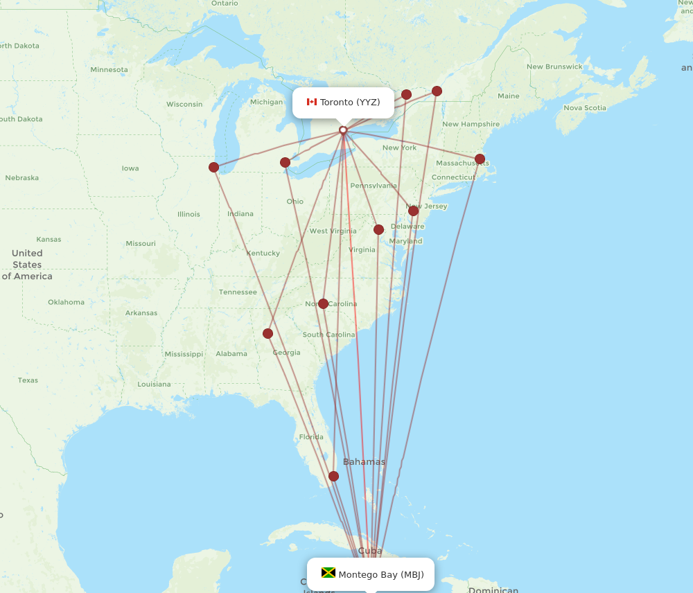 YYZ to MBJ flights and routes map