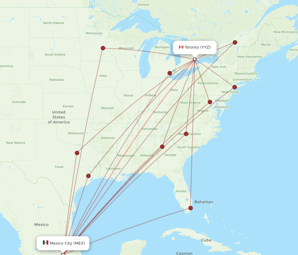 YYZ to MEX flights and routes map