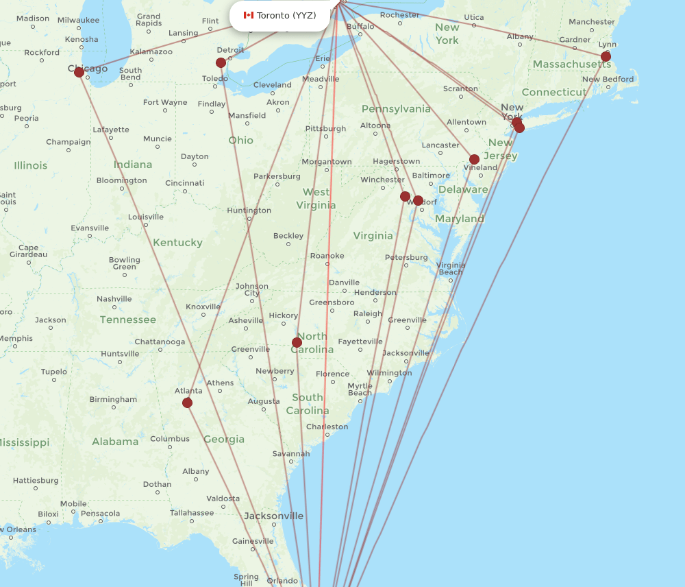 YYZ to MIA flights and routes map