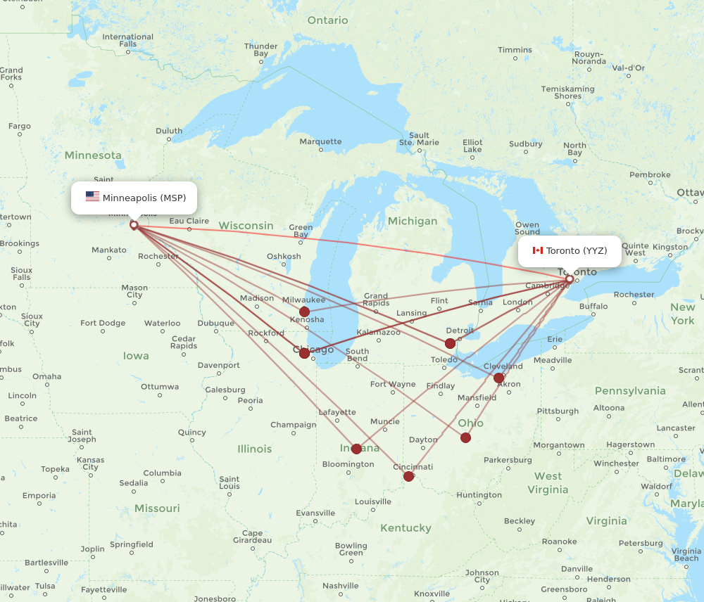 YYZ to MSP flights and routes map