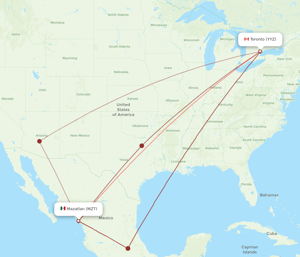 YYZ to MZT flights and routes map