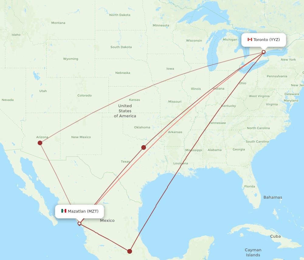 YYZ to MZT flights and routes map