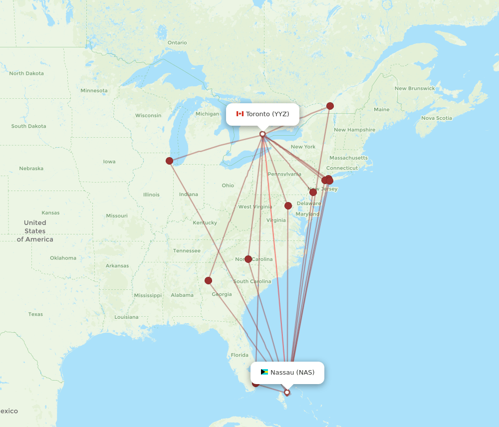 YYZ to NAS flights and routes map