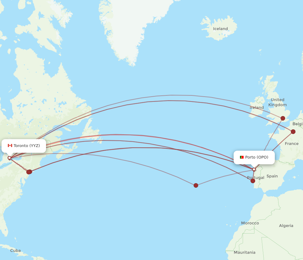 YYZ to OPO flights and routes map