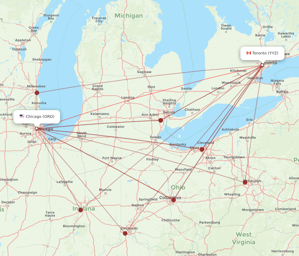 Toronto - Chicago route map and flight paths