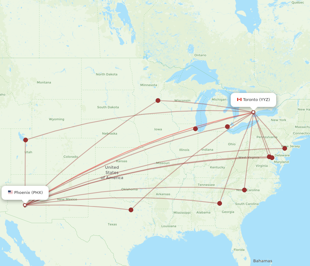 YYZ to PHX flights and routes map