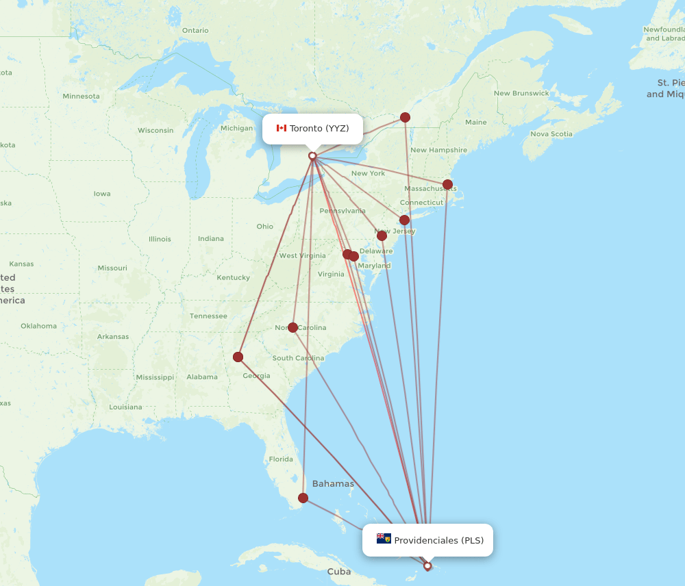 YYZ to PLS flights and routes map