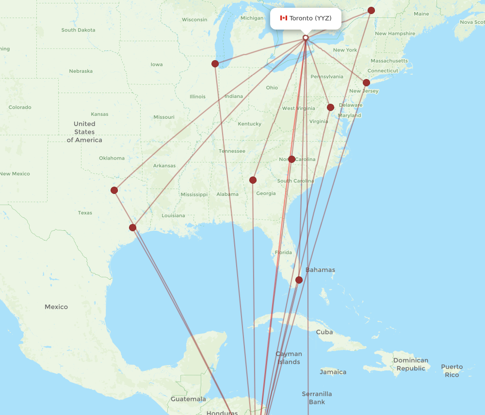 YYZ to SJO flights and routes map