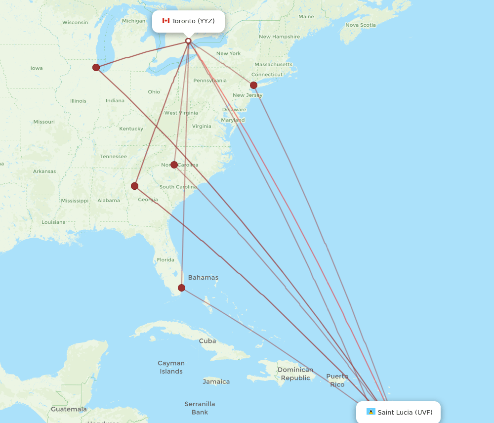 YYZ to UVF flights and routes map