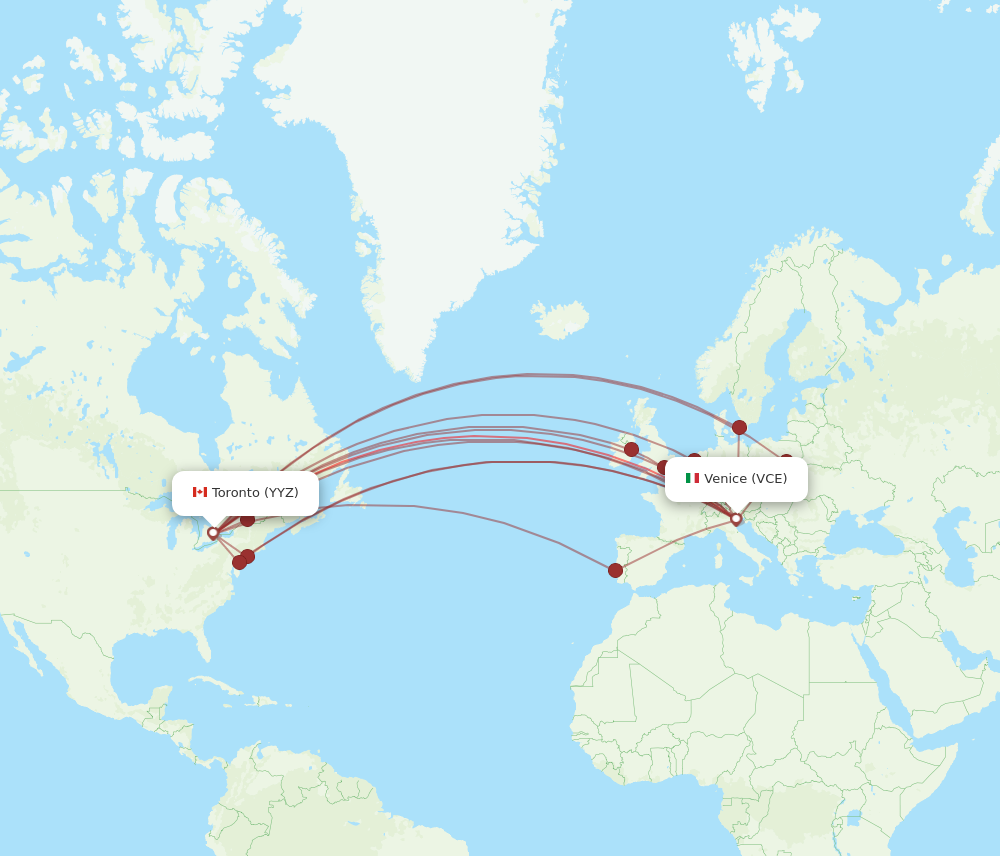 YYZ to VCE flights and routes map