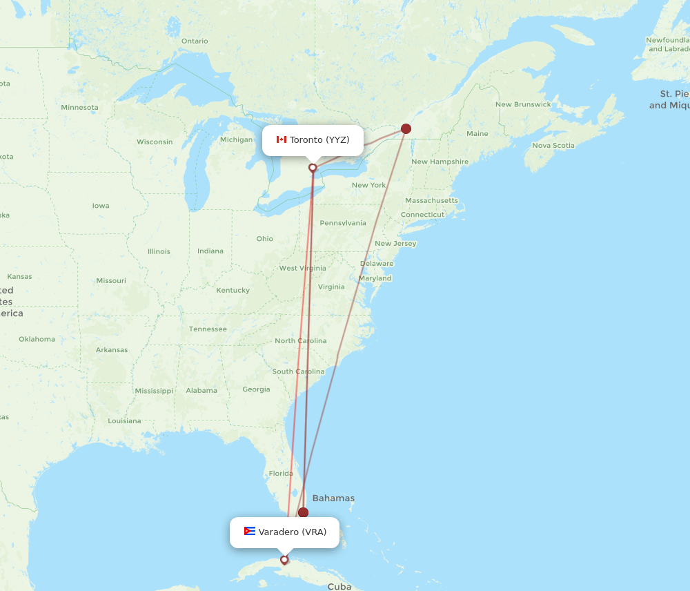 YYZ to VRA flights and routes map