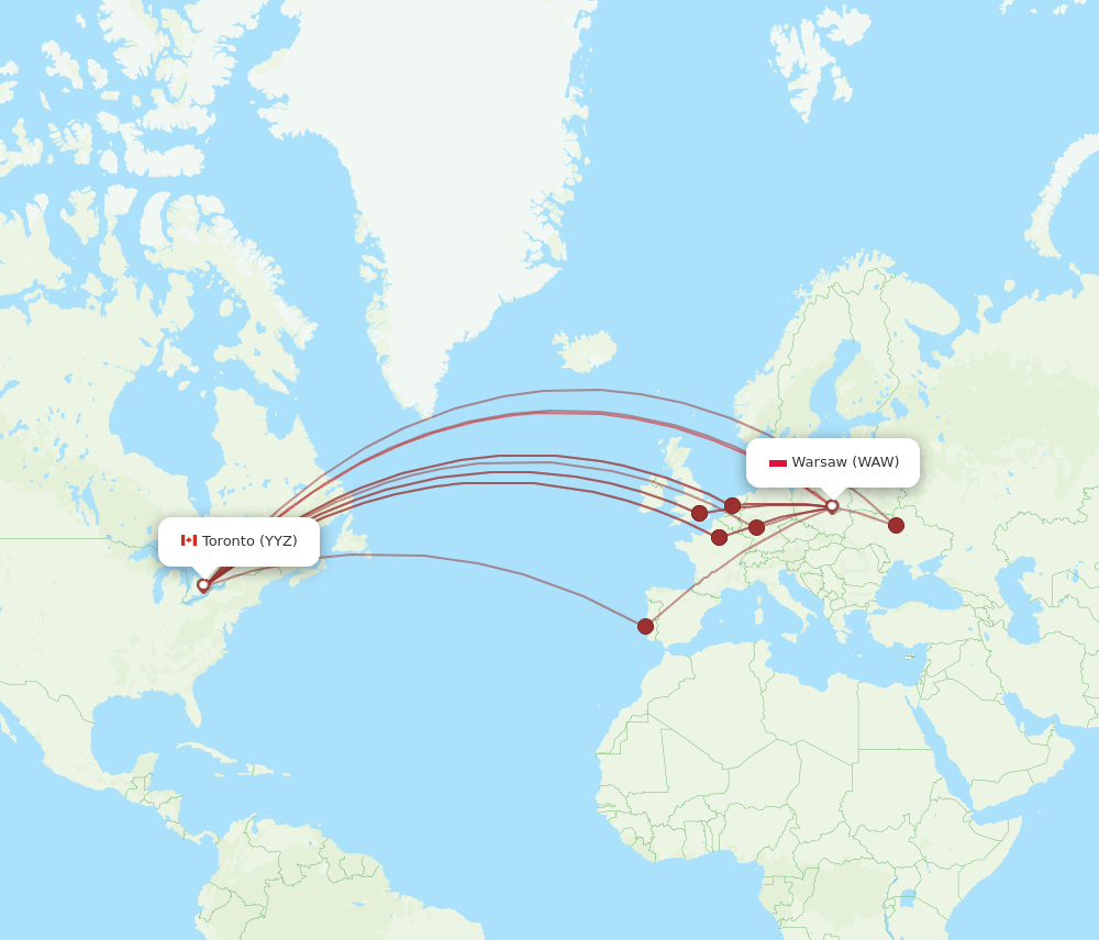 YYZ to WAW flights and routes map