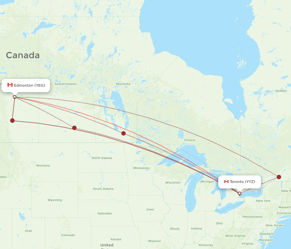 Toronto - Edmonton route map and flight paths