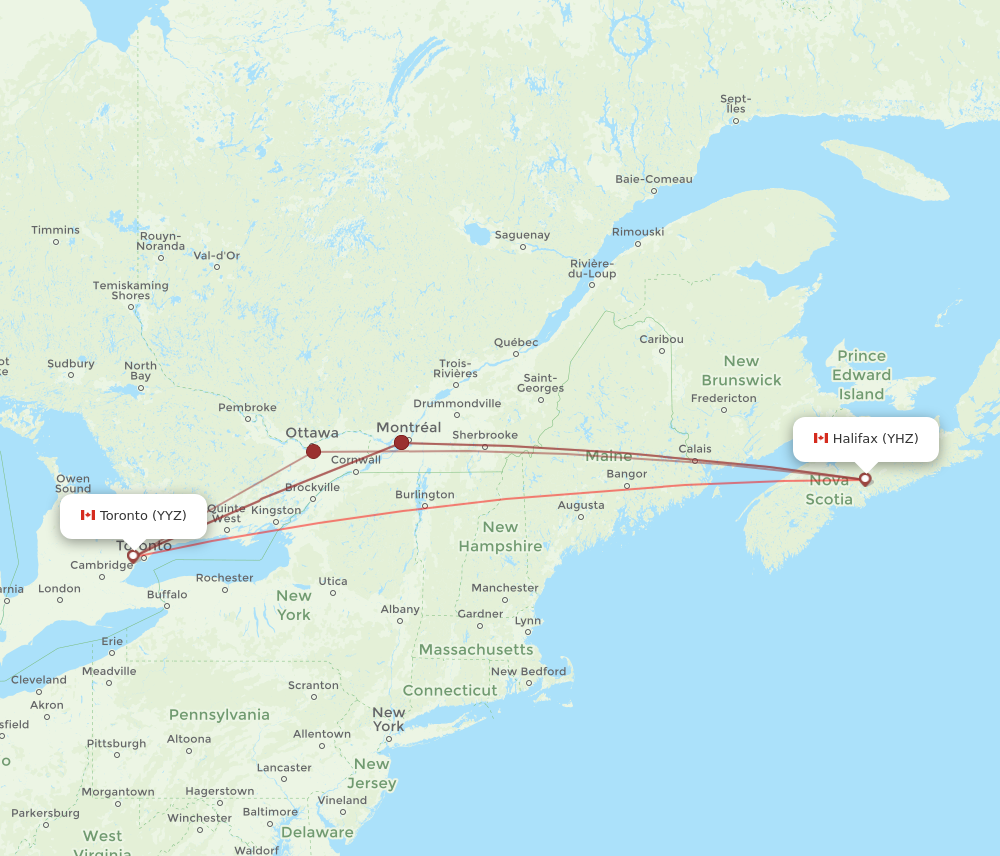 YYZ to YHZ flights and routes map