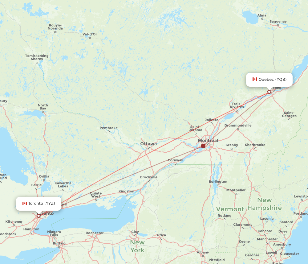 YYZ to YQB flights and routes map