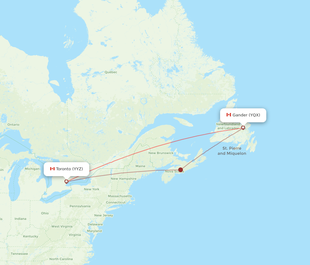 YYZ to YQX flights and routes map