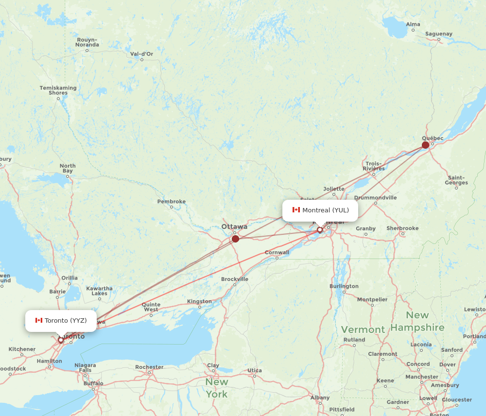 Toronto - Montreal route map and flight paths