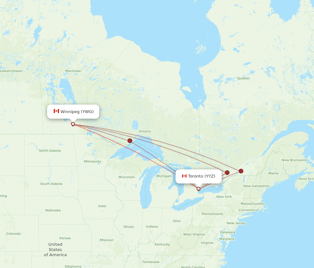 YYZ to YWG flights and routes map