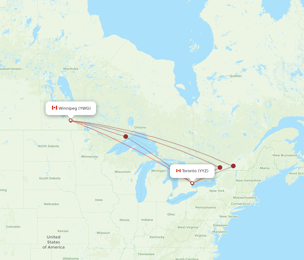 YYZ to YWG flights and routes map