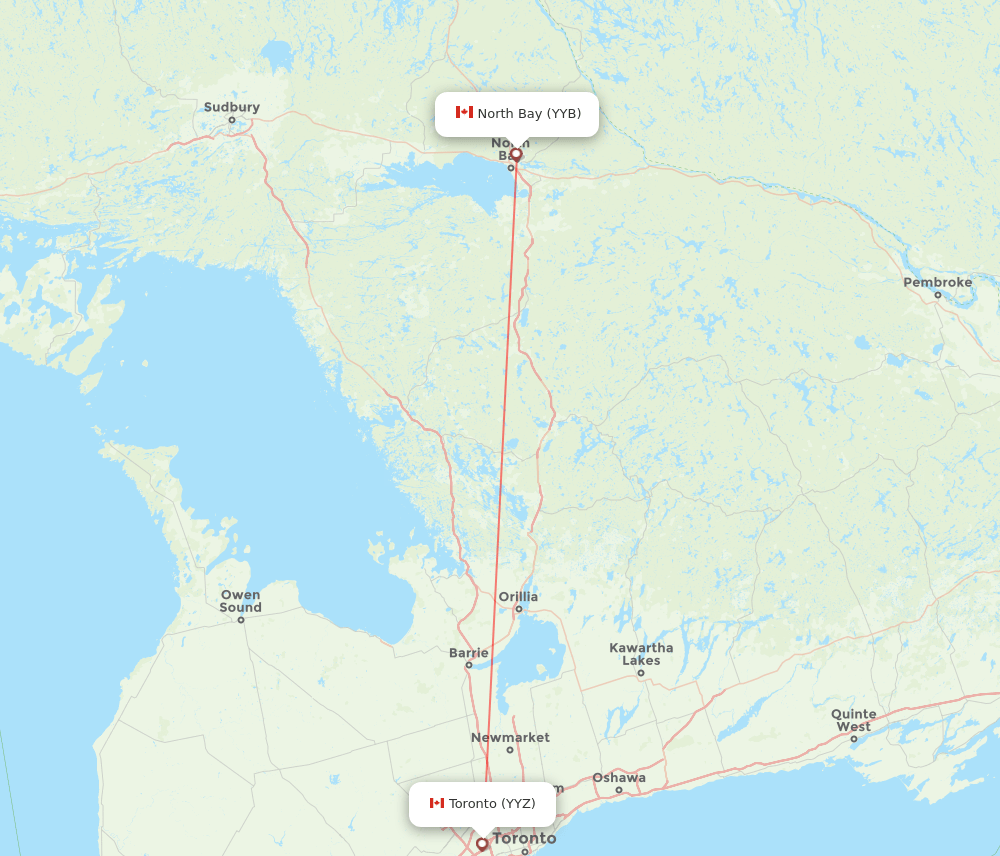 YYZ to YYB flights and routes map