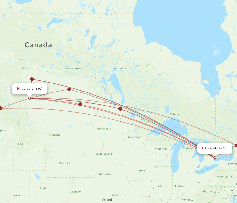 YYZ to YYC flights and routes map