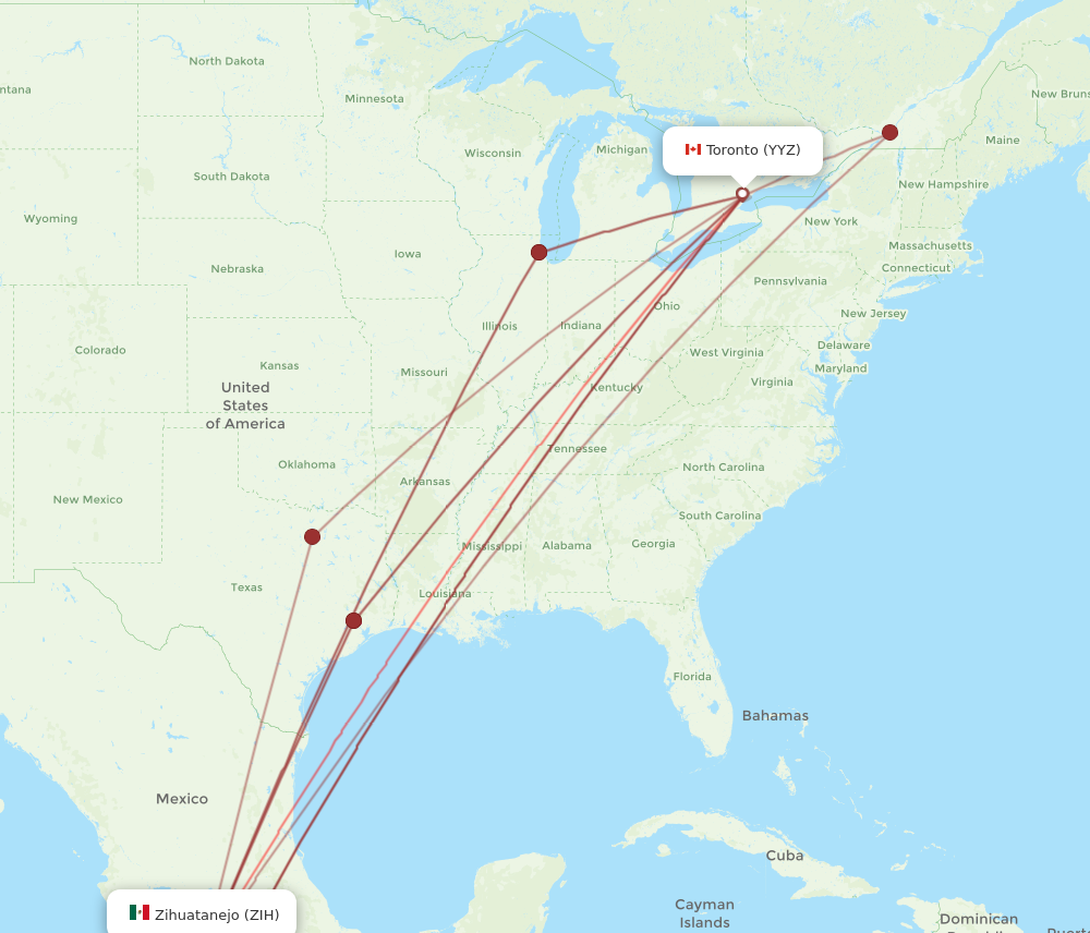 YYZ to ZIH flights and routes map