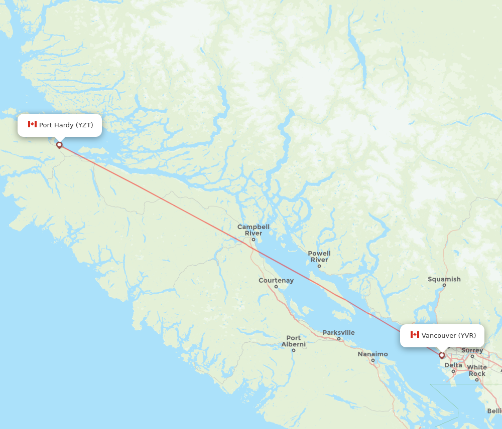 YZT to YVR flights and routes map