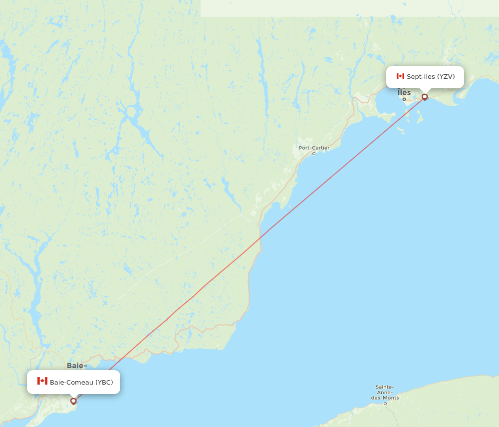Baie Comeau - Sept-Iles route map and flight paths