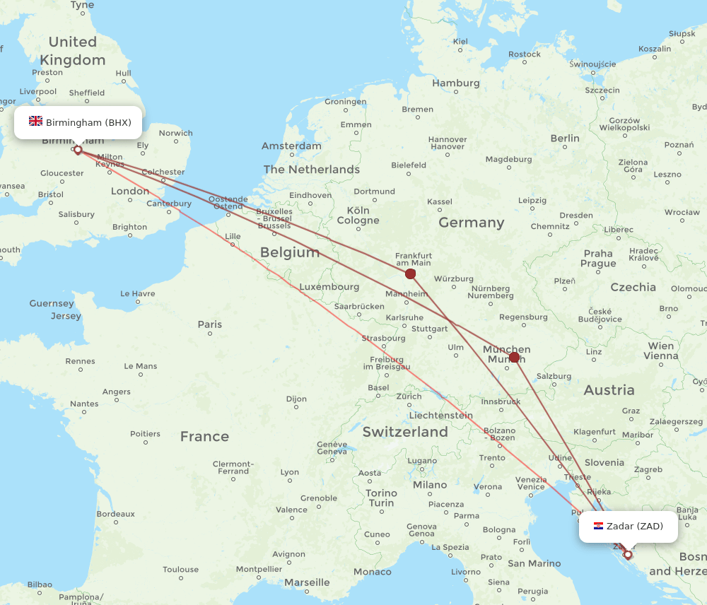 ZAD-BHX flight routes