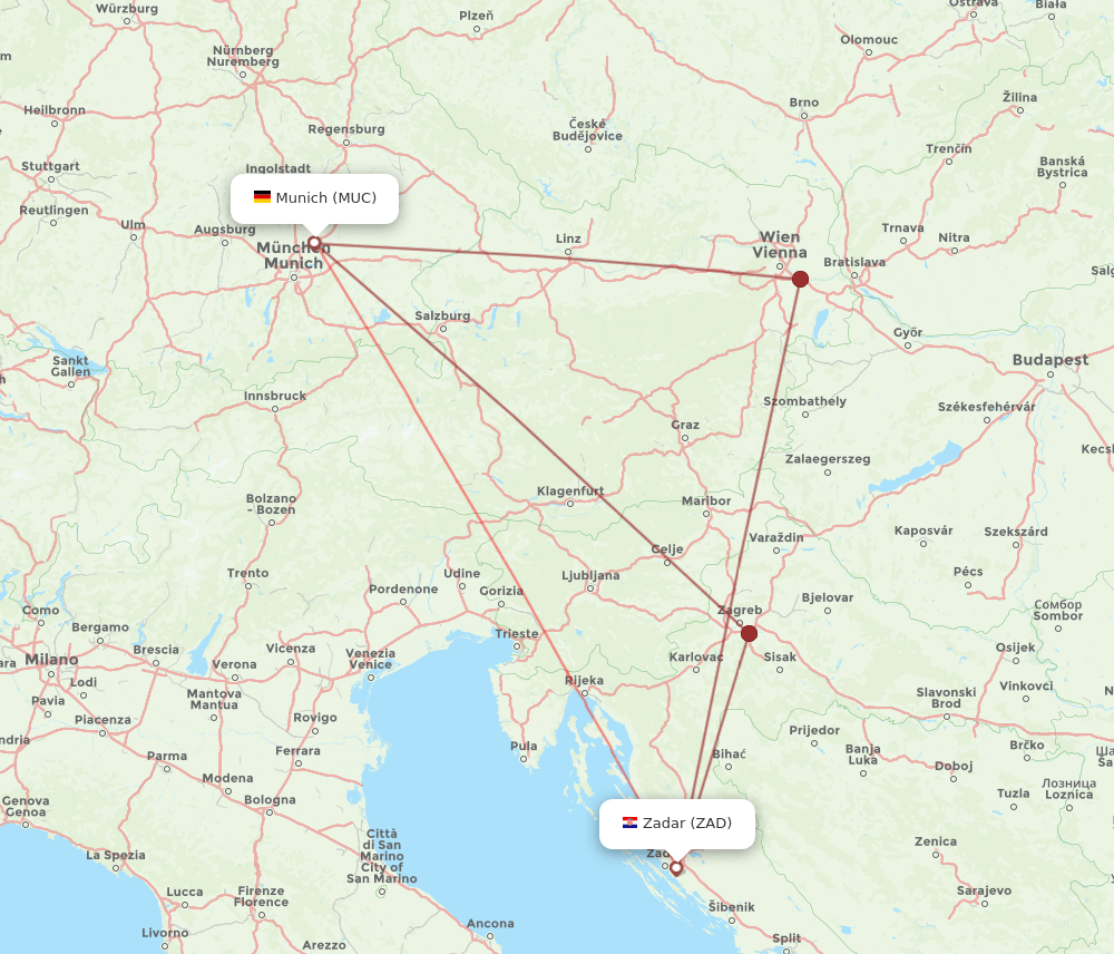 ZAD-MUC flight routes