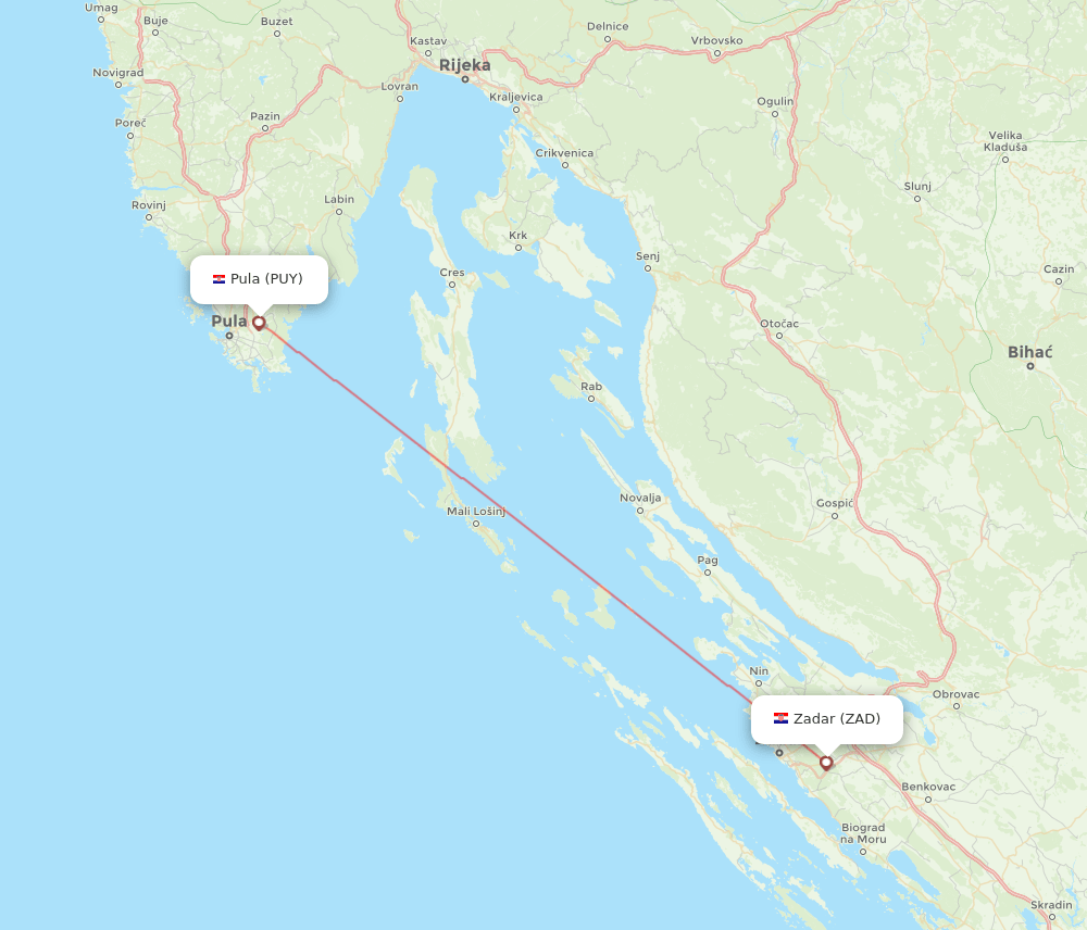 Zadar - Pula route map and flight paths