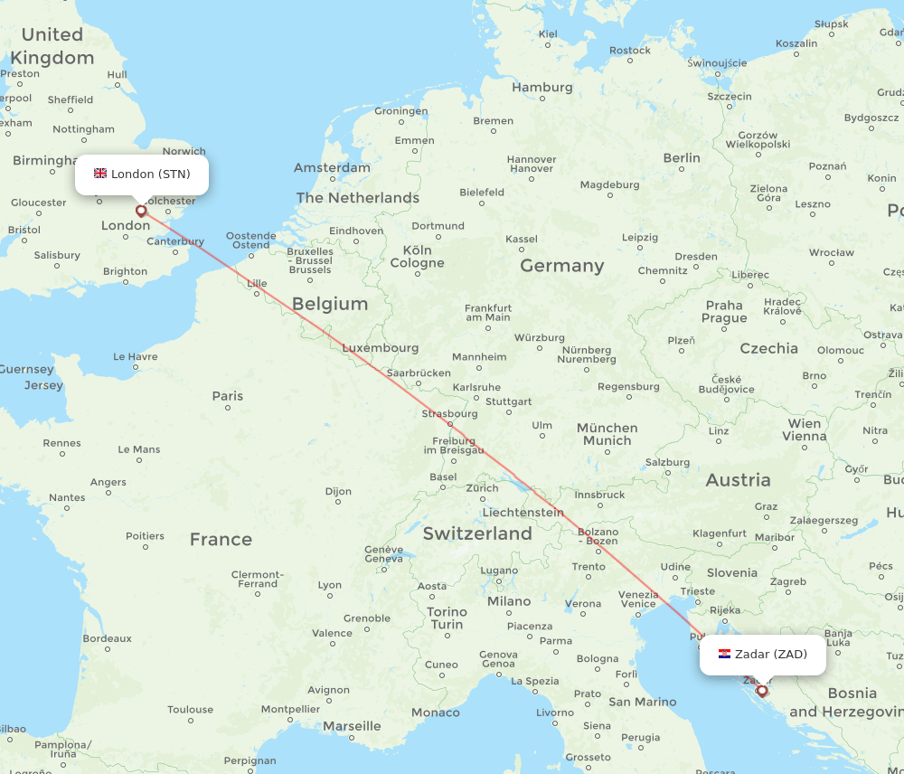Zadar - London route map and flight paths