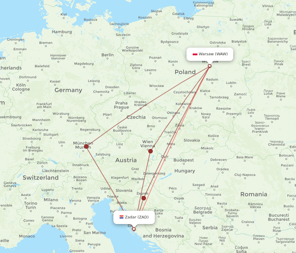 ZAD-WAW flight routes