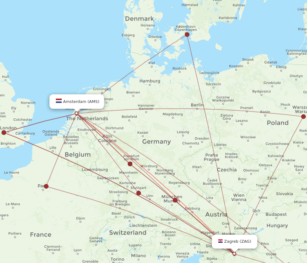 ZAG to AMS flights and routes map