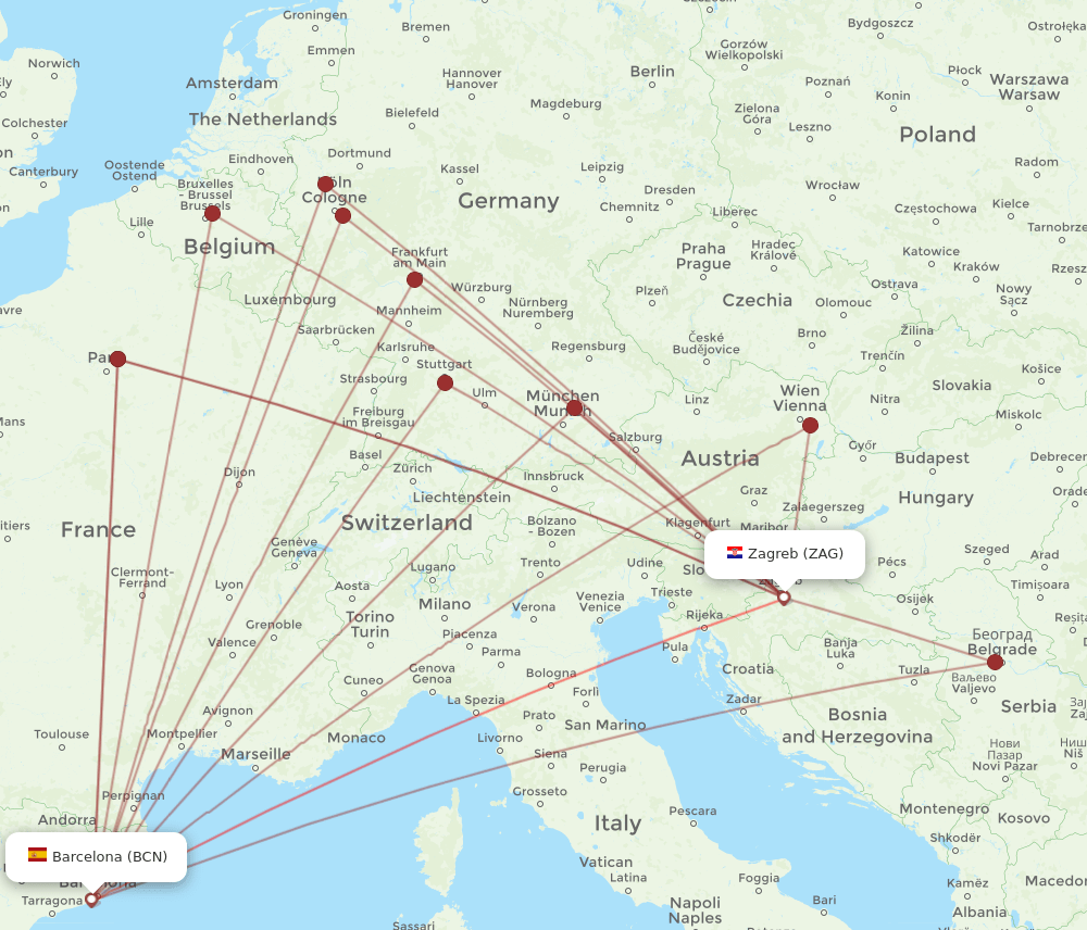 ZAG-BCN flight routes