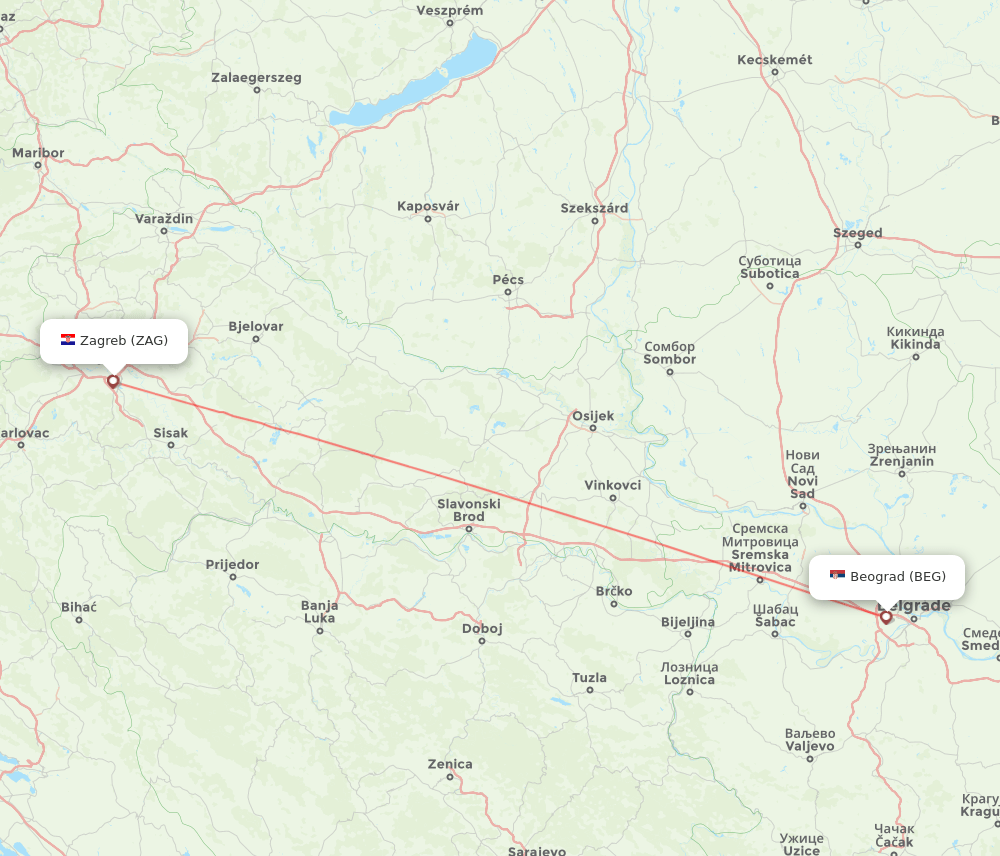 ZAG to BEG flights and routes map