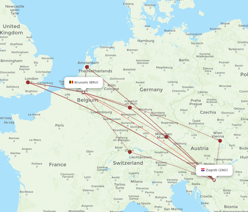 ZAG to BRU flights and routes map