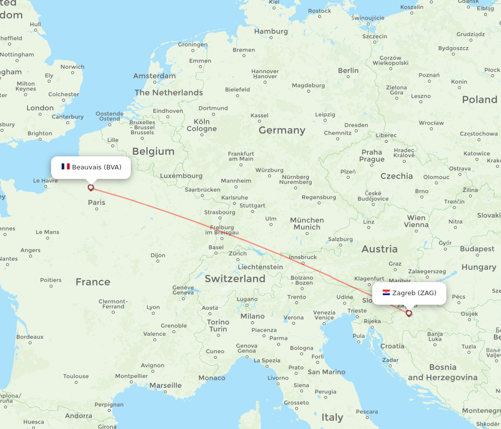 Zagreb - Paris route map and flight paths