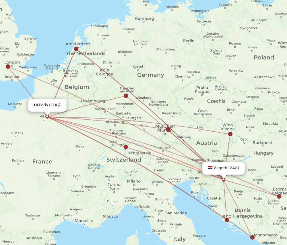 ZAG-CDG flight routes