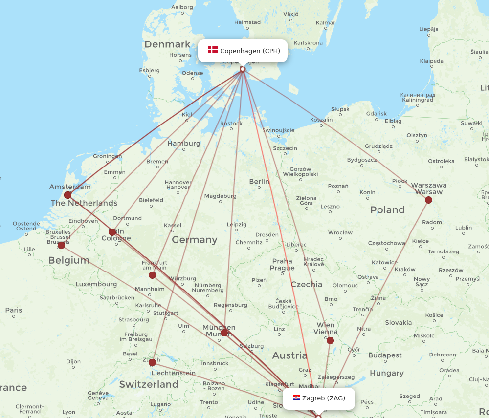 ZAG to CPH flights and routes map