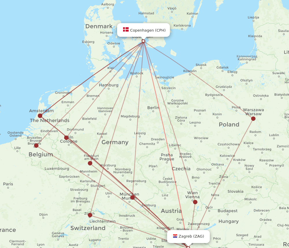 ZAG-CPH flight routes