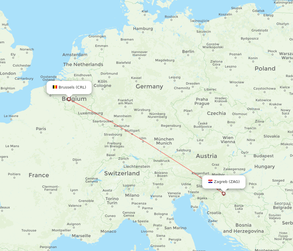 Zagreb - Brussels route map and flight paths